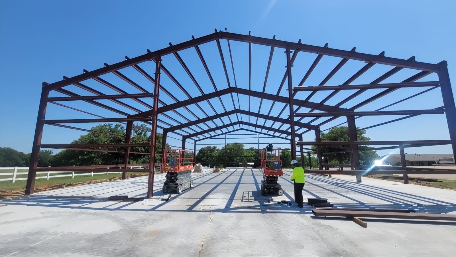 Steel frame structure of the metal building before panel installation