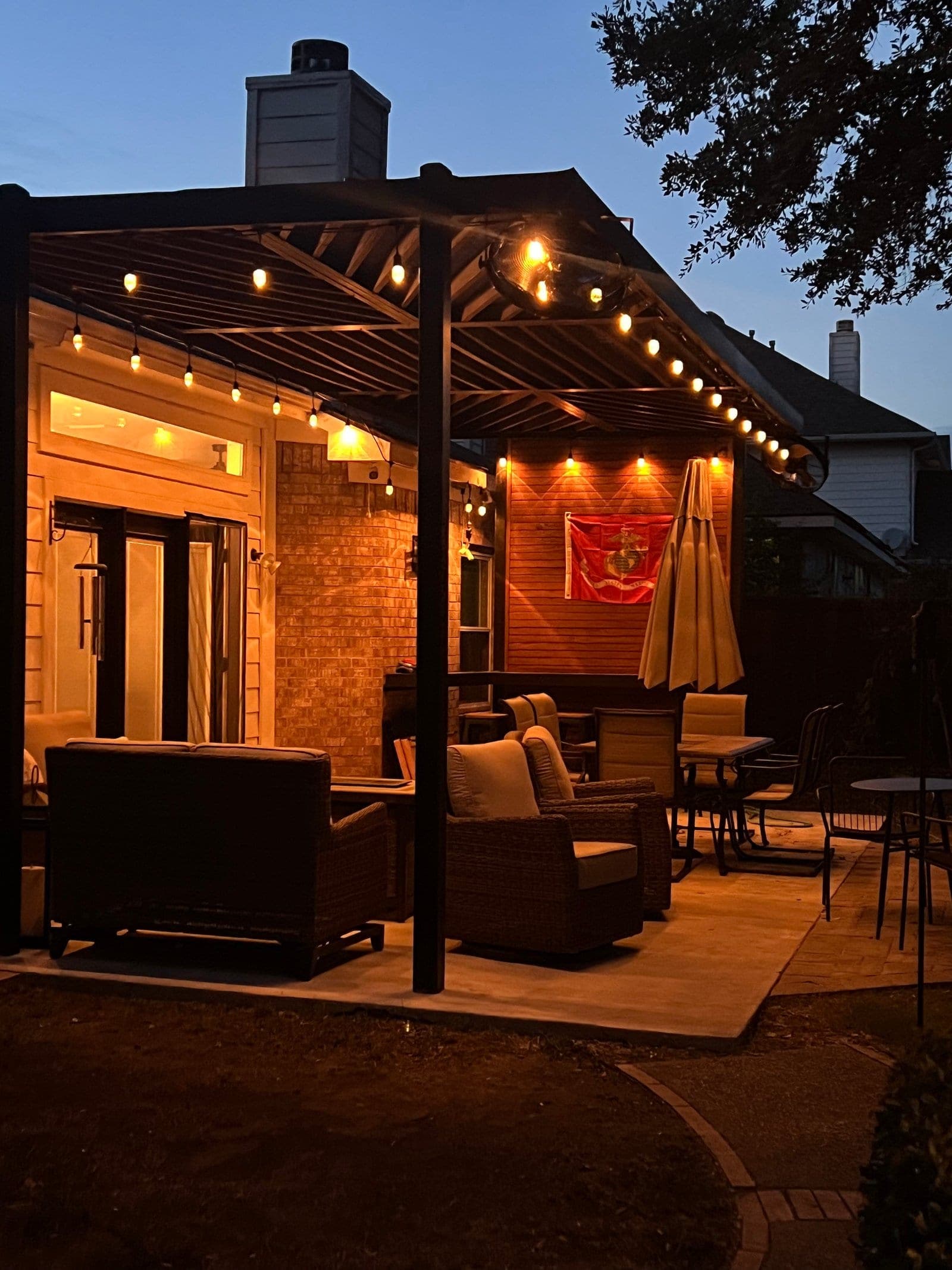 Custom steel pergola, residential backyard installation